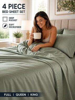 4 Piece Bed Sheets Set Deep Pocket Soft Microfiber Sheets Full Queen King Size